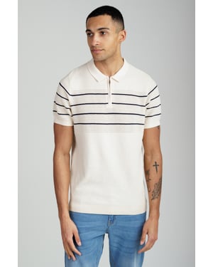 Ecru Knitted Stripe Short Sleeve Zip-Up Polo Shirt