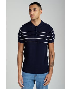 Dark Navy Knitted Stripe Short Sleeve Zip-Up Polo Shirt