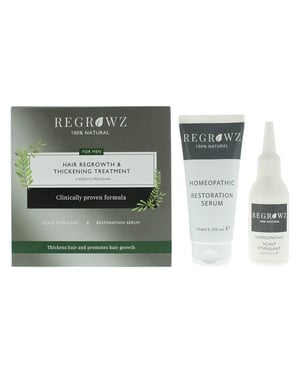 Regrowz Hair Regrowth & Thickening Treatment Three Month Program For Men - Scalp Stimulant 75ml - Restoration Serum 75ml - Comb