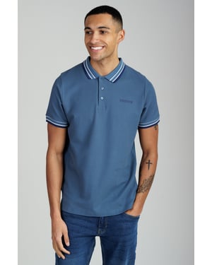 Mid Blue Regular Fit Cotton Button Polo Shirt With Contrast Trim