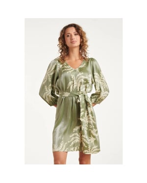Smashed Lemon Olijfgroene jurk met palmprint en ceintuur |