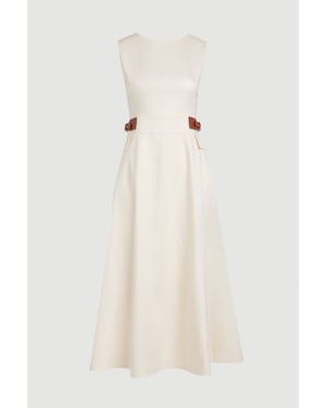 Tailored Linen Tab Waist Detail Full Skirt Midi Dress