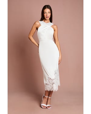 Lace Hem Cross Front Halter Satin Dress