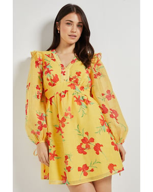 Yellow Floral Printed Frill Detail Blouson Sleeve Mini Dress