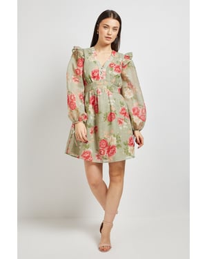 Green Floral Printed Frill Detail Blouson Sleeve Mini Dress