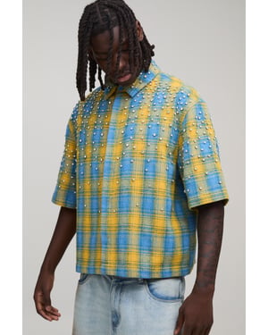 Boxy Jewel Rhinestone Half Sleeve Check Shirt