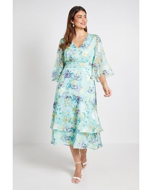 Floral Burn Out Flared Sleeve Midi Dress