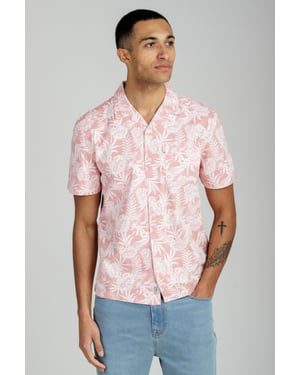 Coral Cotton Short Sleeve Button-Up Tropical Print Shirt