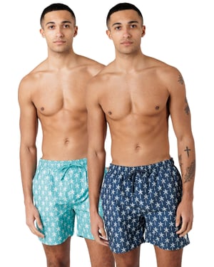 Teal 2-Pack Palm Tree And Logo Print Swim Shorts With Drawstring Waist