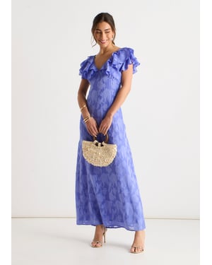 Blue Satin Jacquard Ruffle Maxi Dress