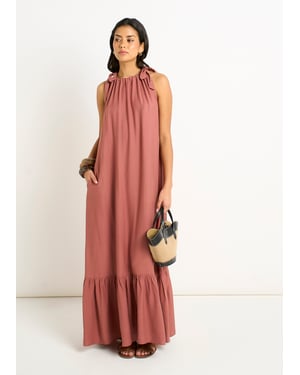 Rust Tie Shoulder Trapeze Maxi Dress