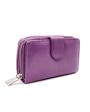 Women's Genuine Leather Purse with two Zipper Pocket in Purple