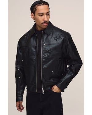 Boxy Fit PU Star Applique Harrington Jacket