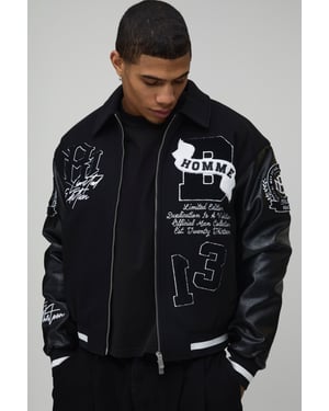 Boxy Fit Melton & PU Mixed Fabric Applique Varsity Jacket