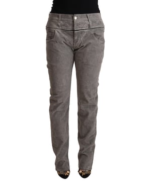Acht Grijze Katoenen Rechte Pasvorm Hoge Taille Broek