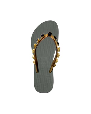 Zwarte bloemen teenslippers legergroen