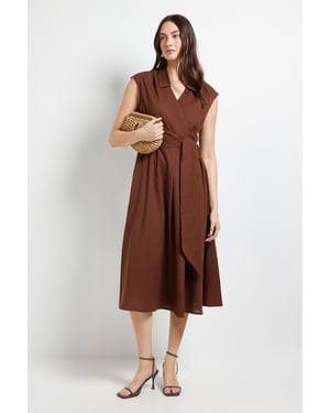 Linen Blend Belted Midi Dress