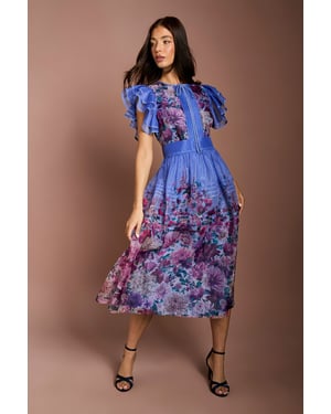 Lisa Tan Organza Ruffle Printed Midi Dress
