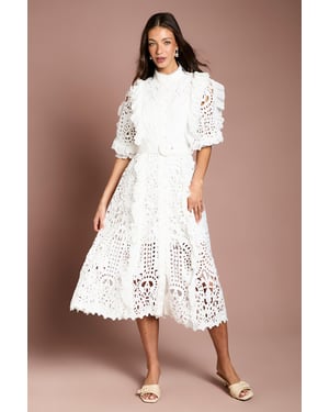 Lace Ruffle Shirt Dress With Tie