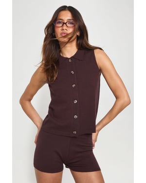 Collared Knitted Waistcoat and Knitted Short Set