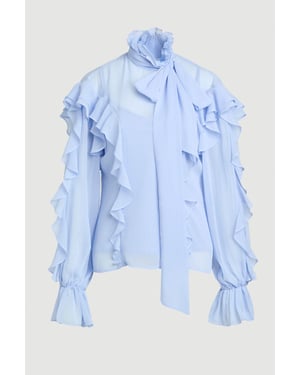 Ruffle Front Crinkle Georgette Pussy Bow Blouse