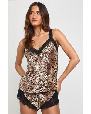 Leopard Print Satin Lace Insert Cami & Shorts Pyjama Set