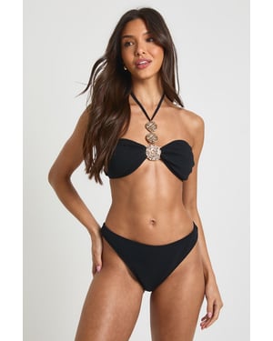 Gold Trim Halterneck Bikini Top And Thong Bikini Bottom