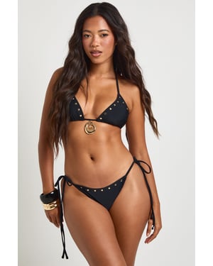 Gold Trim Studded Triangle Bikini Top And Tie Side Bikini Bottom