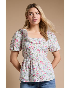 Square Neck Ruffle Peplum Printed Top