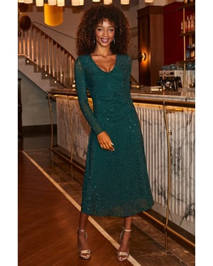 Emerald Green Embellished Fit & Flare Midi Dress