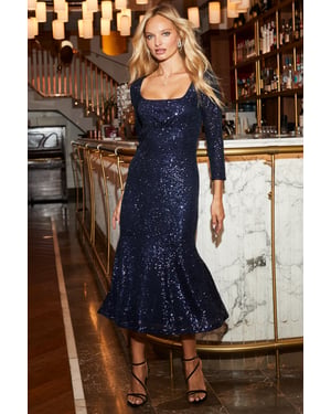 Midnight Blue Sequin Square Neck Midi Dress