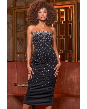 Black Shimmering Jewel Embellished Pencil Dress