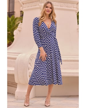 Navy Blue & White Geometric Stripe Print Wrap Dress