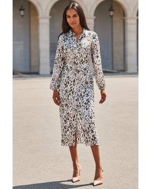 Grey Leopard Print Belted Shirt Dress