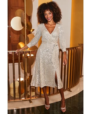 Champagne Sequin Belted Wrap Dress