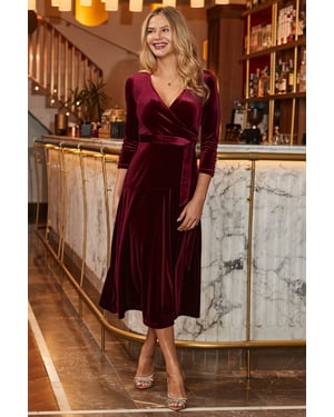 Burgundy Velvet Belted Fit & Flare Wrap Dress