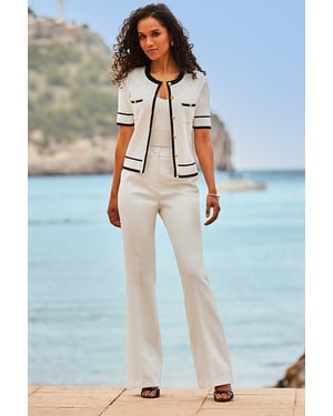 Ivory Contrast Trim Fine Knit Cardigan