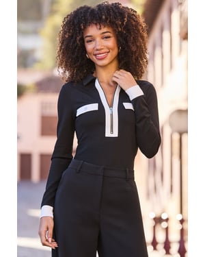 Black Contrast Trim Zip Detail Jersey Top
