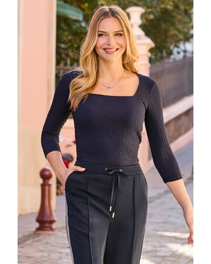 Navy Blue Texture Square Neck Top