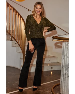Black & Gold Shimmering Faux Wrap Top