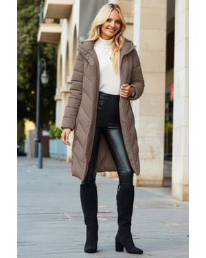 Taupe Longline Padded Coat With Belt