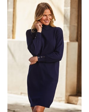 Navy Blue Roll Neck Button Cuff Knitted Dress