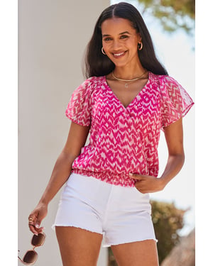 Pink Metallic Abstract Print Shirred Hem Wrap Top
