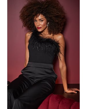 Black One Shoulder Feather Trim Top