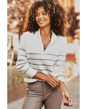 Ivory & Taupe Stripe Quarter Zip Jumper