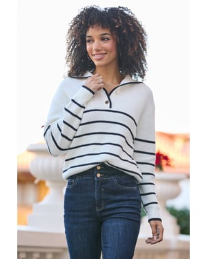 Ivory & Navy Stripe Gold Button Detail Collared Jumper