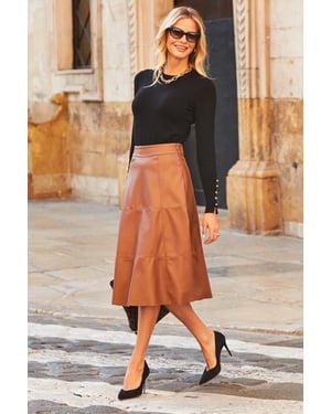 Tan Leather Look Panelled A-Line Midi Skirt