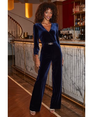 Sapphire Blue Velvet Wrap Jumpsuit