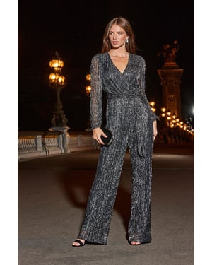 Silver Sparkle Plisse Wrap Front Wide Leg Jumpsuit