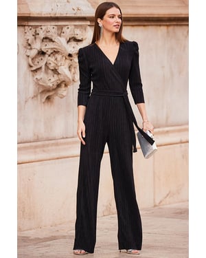 Black Plisse Wrap Front Jumpsuit